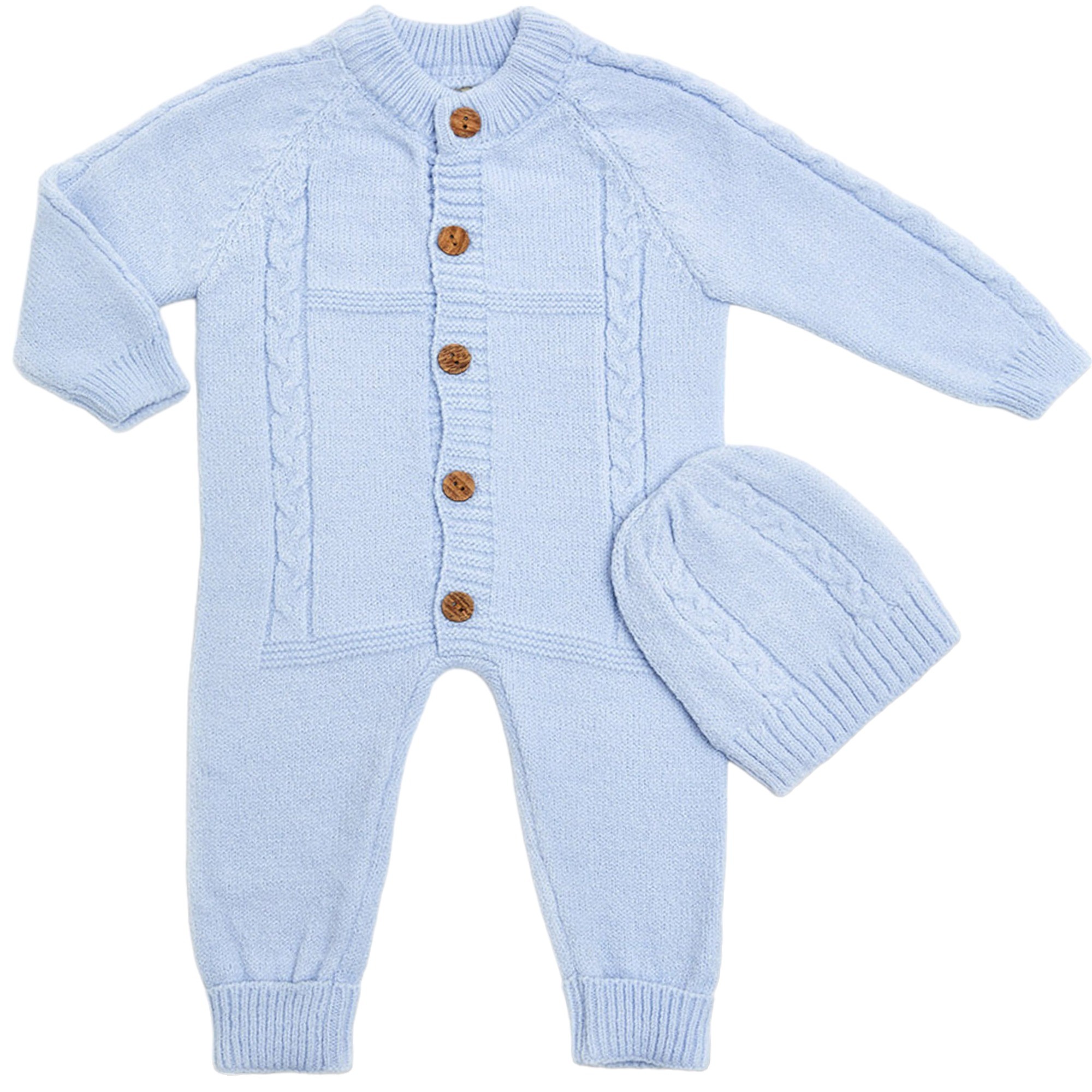 Unisex Bebek Triko Şapkalı Takım 2’li Set, Bebek Tulum + Bebek Bere AO20033E - Mavi