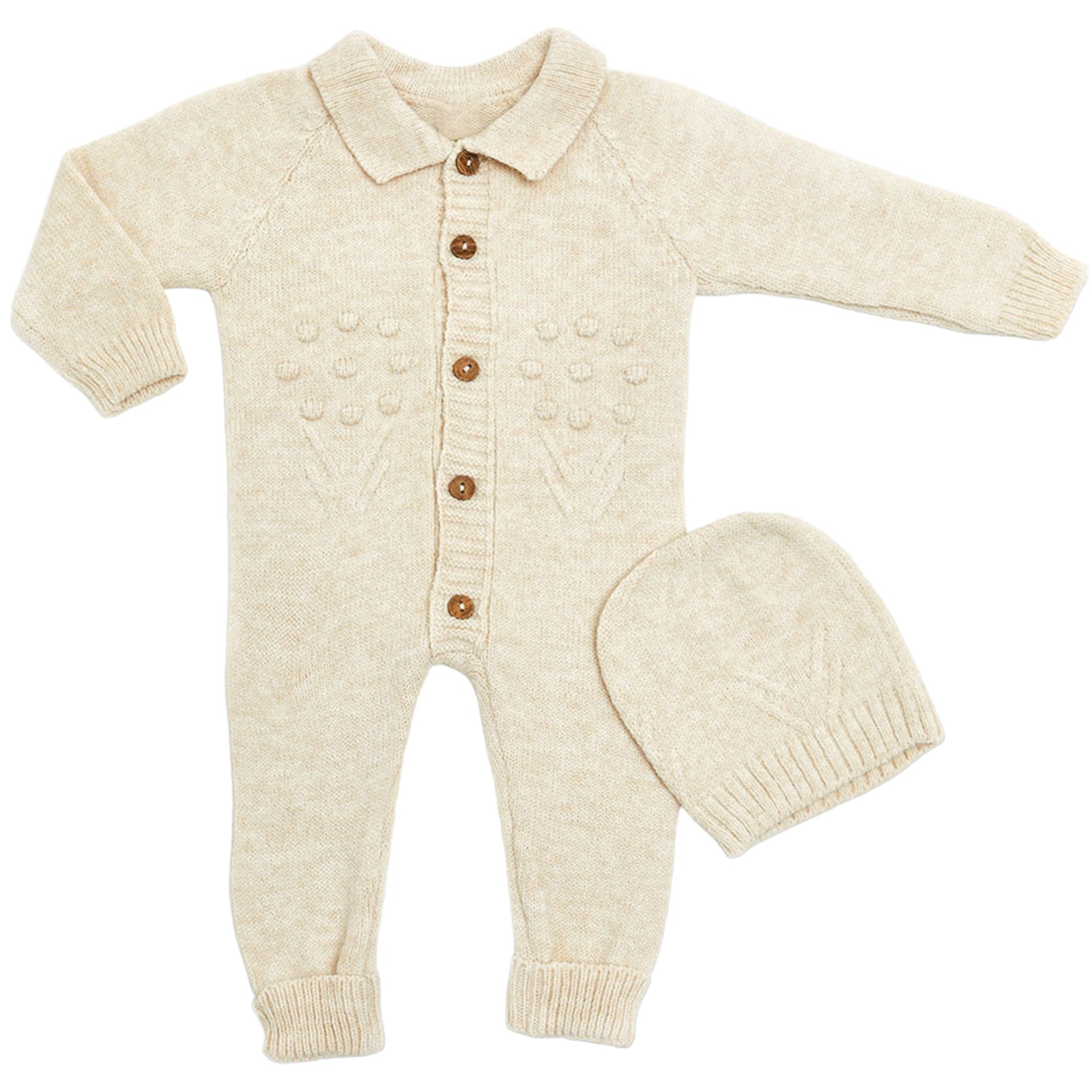 Unisex Bebek Triko Şapkalı Takım 2’li Set, Bebek Tulum + Bebek Bere AO20043E - Vizon