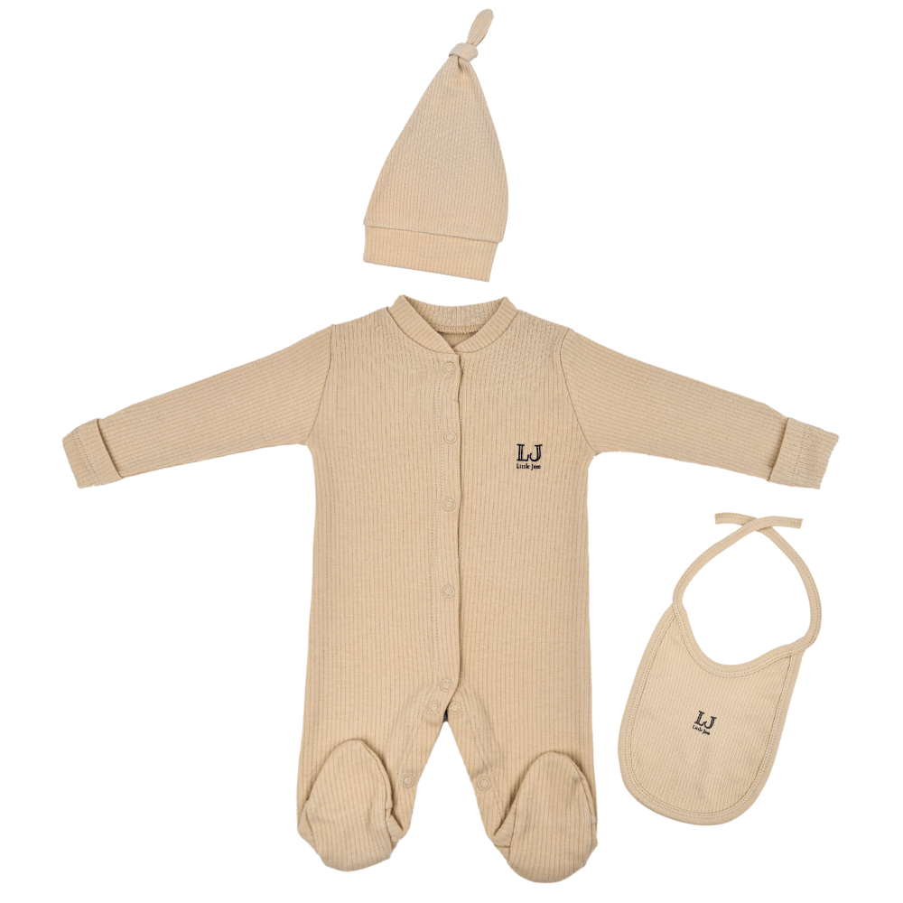 3'Lü Bebek Body Set,Tulum+Şapka+Mama Önlüğü,%100 Organik Pamuk Bebek Hediye Set,Yenidoğan Set - Vizon