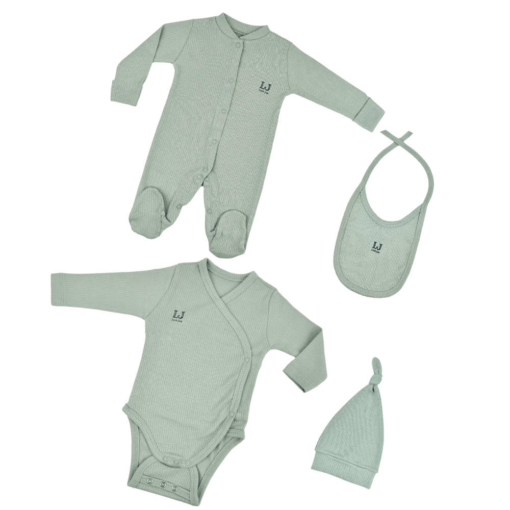 4'lü Bebek Body Set,Tulum+Zıbın+Şapka+Mama Önlüğü,%100 Organik Pamuk Bebek Hediye Set,Yenidoğan Set - Yeşil