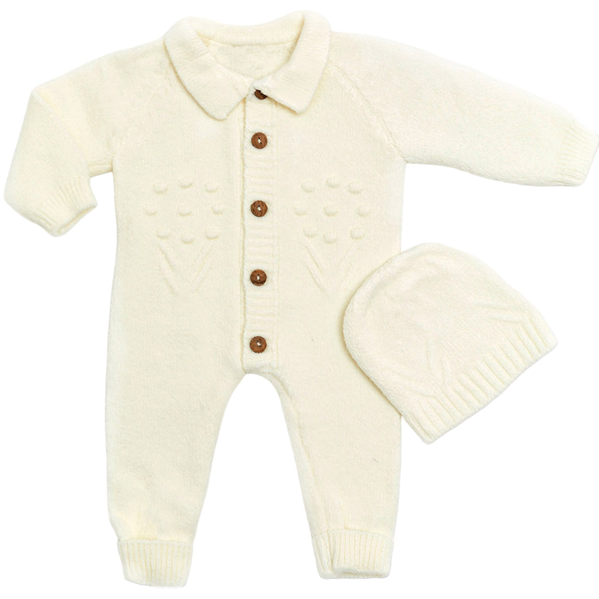 Unisex Bebek Triko Şapkalı Takım 2’li Set, Bebek Tulum + Bebek Bere AO20043E - Ekru