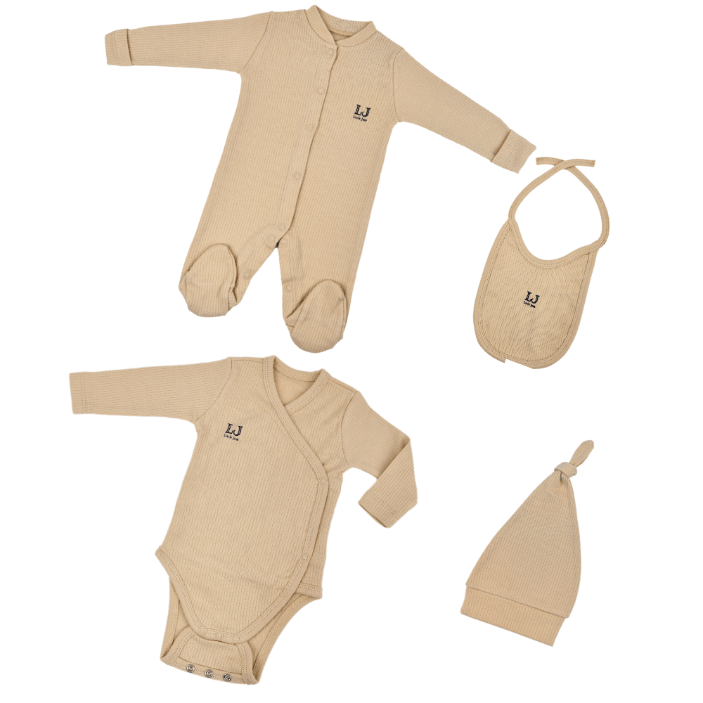 4'lü Bebek Body Set,Tulum+Zıbın+Şapka+Mama Önlüğü,%100 Organik Pamuk Bebek Hediye Set,Yenidoğan Set - Vizon