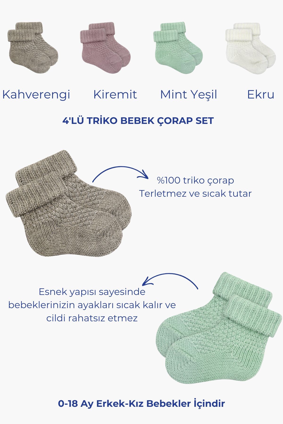 Bebek Çorap 4'lü Set, %100 Organik Triko Bebek Çorap 0-18 Ay