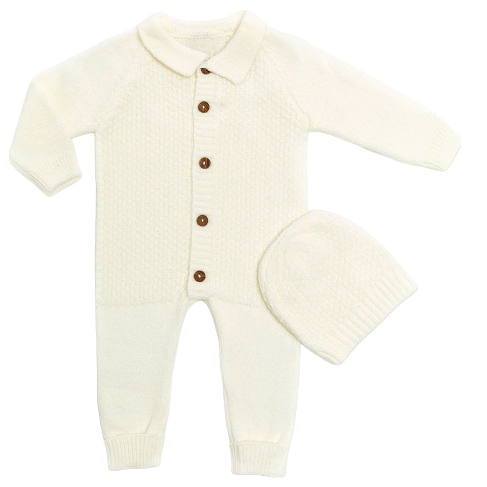 Unisex Bebek Triko Şapkalı Takım 2’li Set, Bebek Tulum + Bebek Bere AO20041E - Ekru