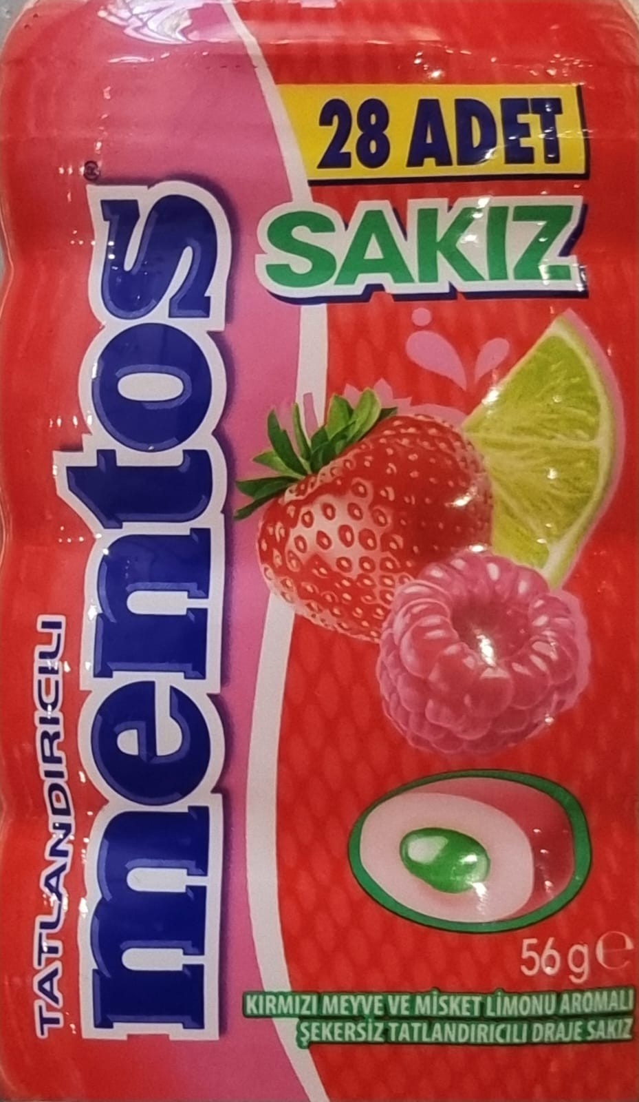 Mentos Kırmızı Meyve & Misket Limonu aromalı Draje Sakız 56 Gr