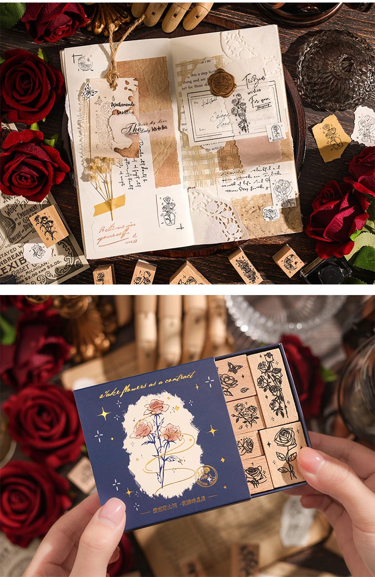 E1-10 adet çiçek ahsap stamp seti 