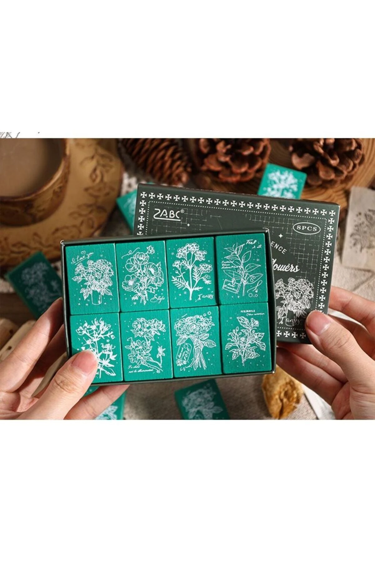 U7-8 adet memory in the flower Çiçek ahsap stamp seti - Renk : kahverengi