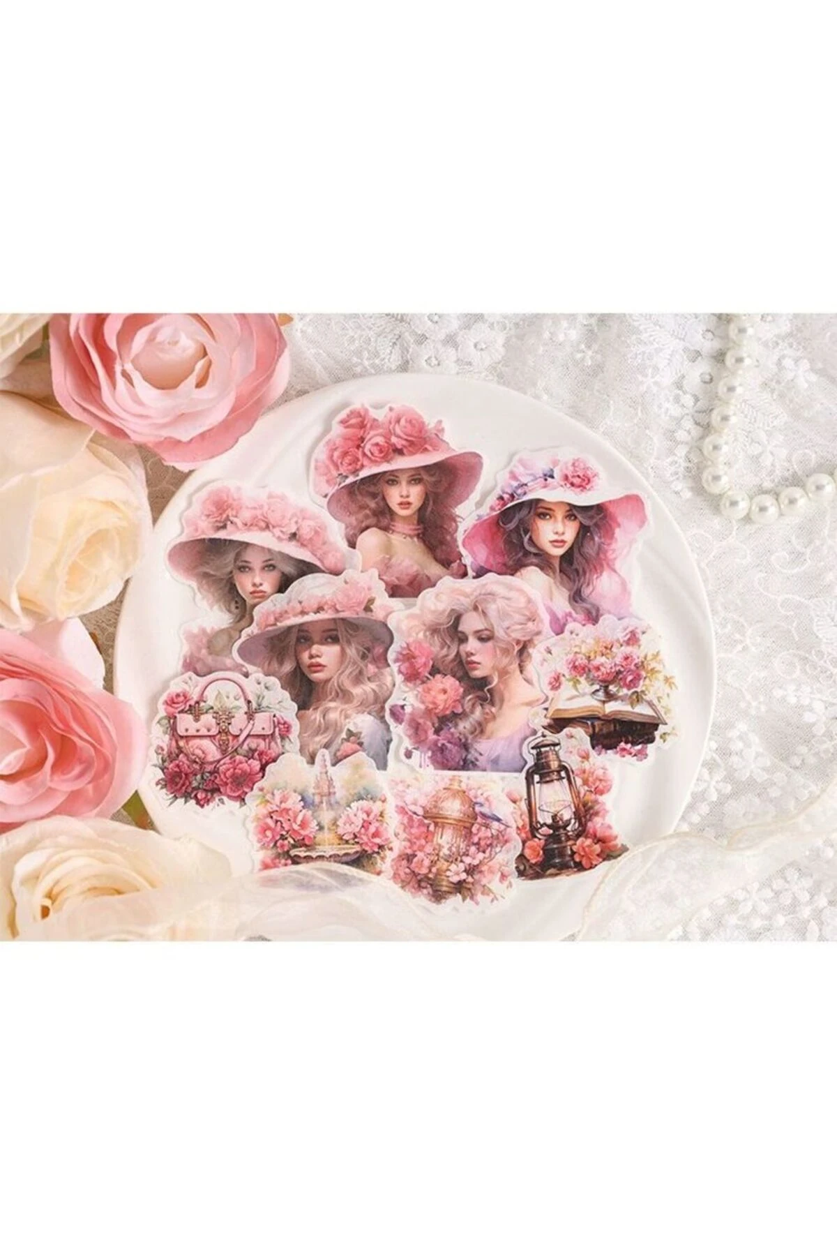 P6-Fırsat urun 10 adet Victoria tarzı washi sticker - Renk : Pembe