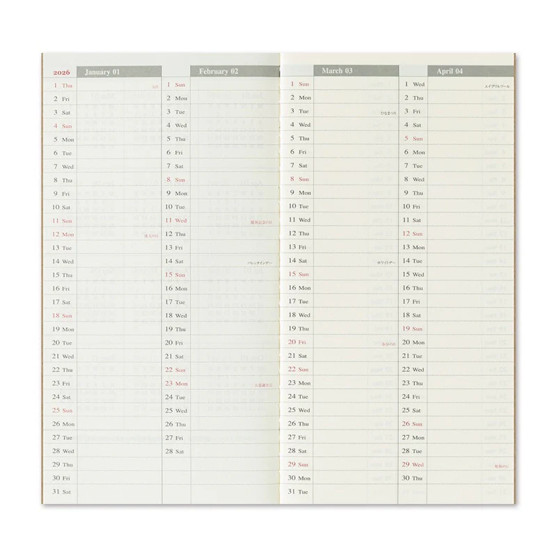 2026 Traveler's Notebook Refill - Standart Size - Weekly Vertical