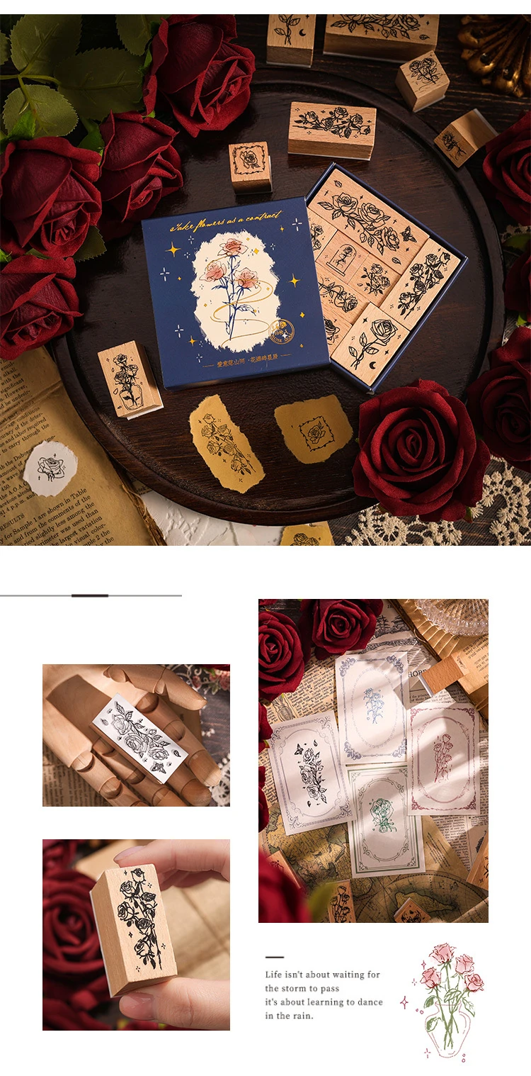 E1-10 adet çiçek ahsap stamp seti 