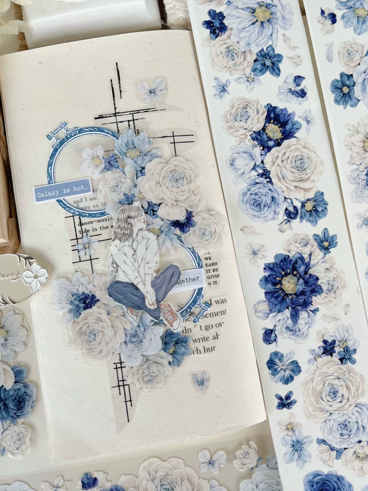 K14-YiEr 100cm mavi beyaz çiçek washi tape 