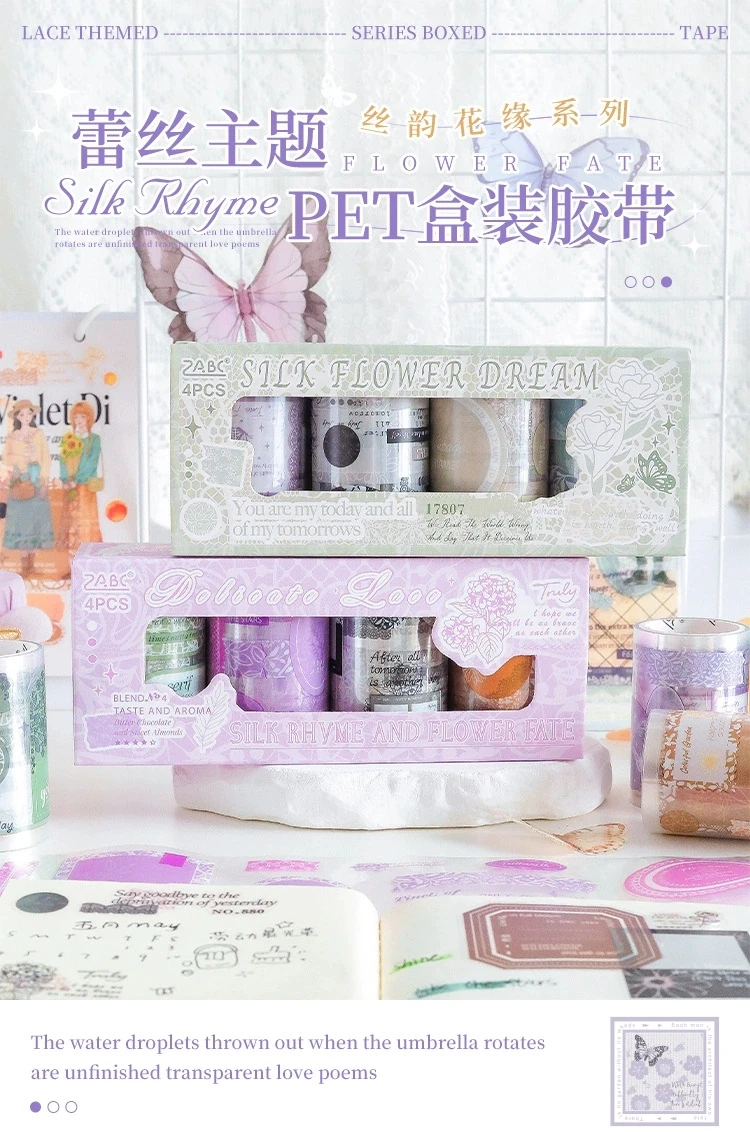 S9-4 adet kendinden kesimli dantelli label pet sticker tape seti 