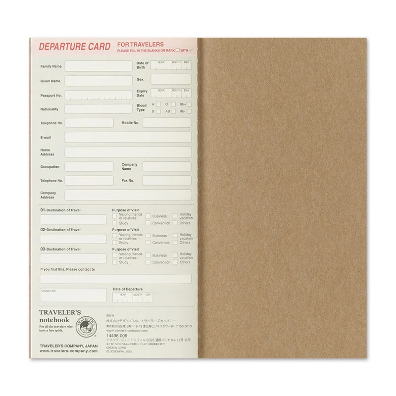 2026 Traveler's Notebook Refill - Standart Size - Weekly Vertical