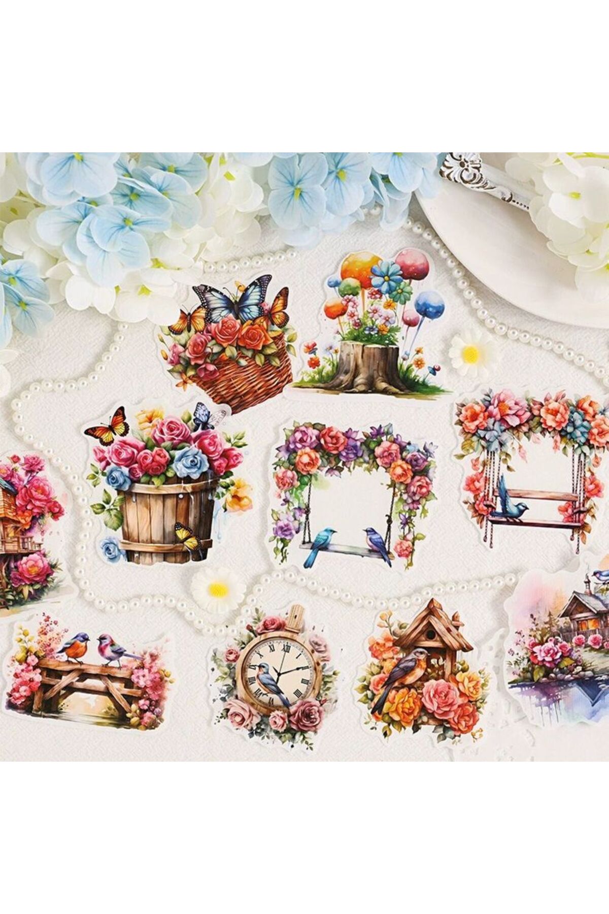 P17-10 adet çiçekli eşya washi sticker - Renk : Kırmızı