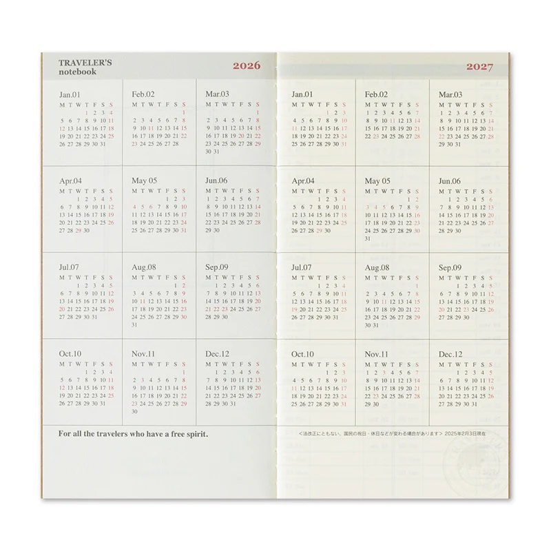 2026 Traveler's Notebook Refill - Standart Size - Weekly Vertical
