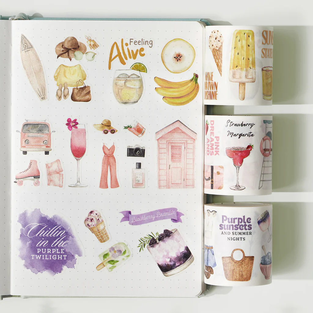 L23-3 adet 38cm kendinden kesimli Tropical Sips washi tape 