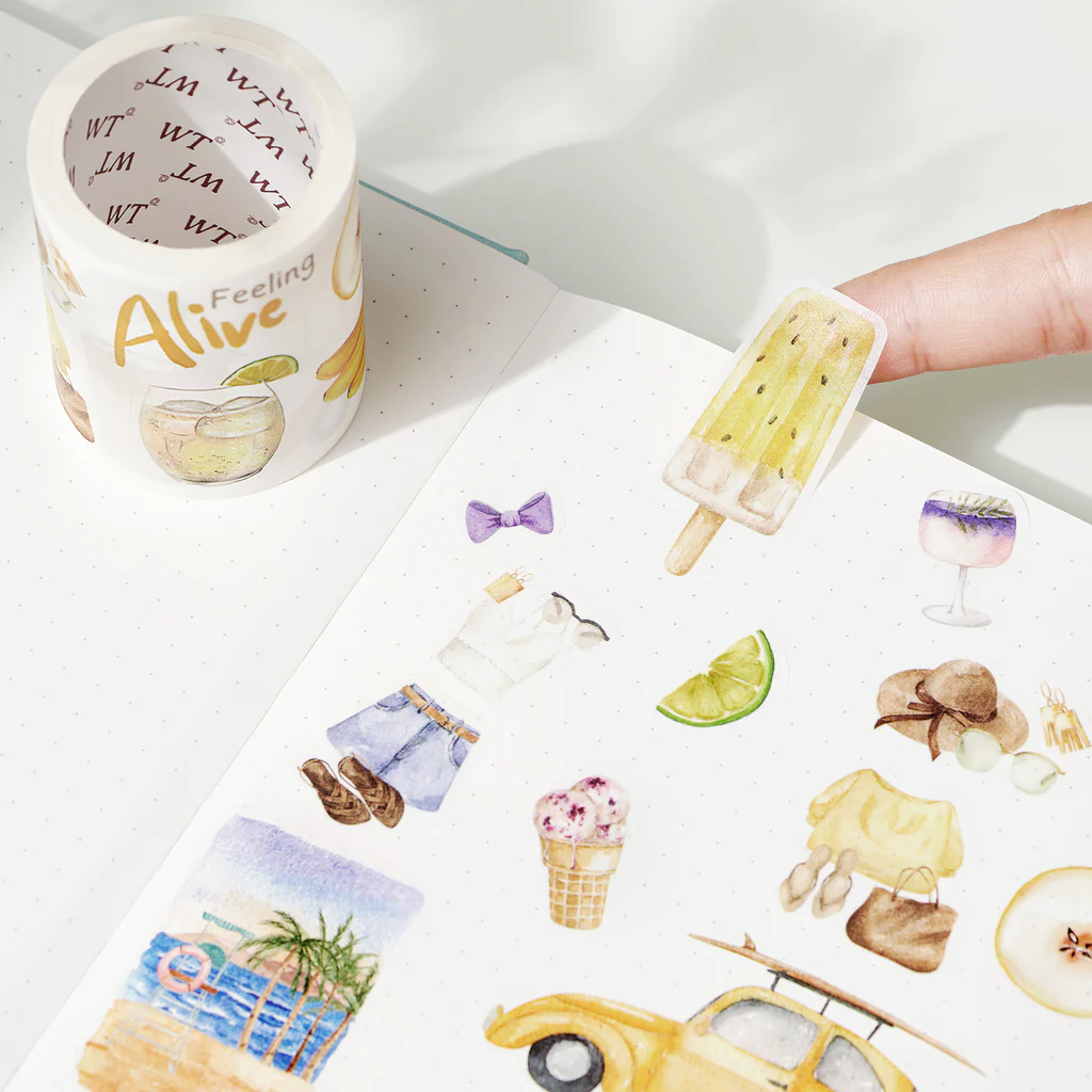 L23-3 adet 38cm kendinden kesimli Tropical Sips washi tape 