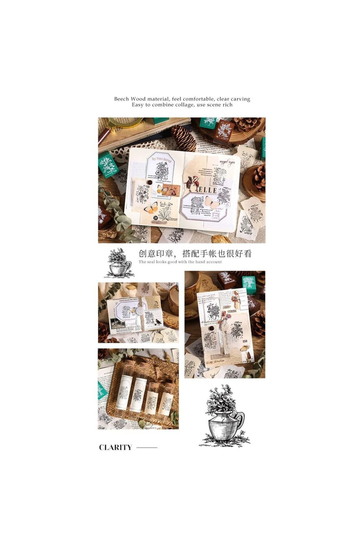 U7-8 adet memory in the flower Çiçek ahsap stamp seti - Renk : kahverengi