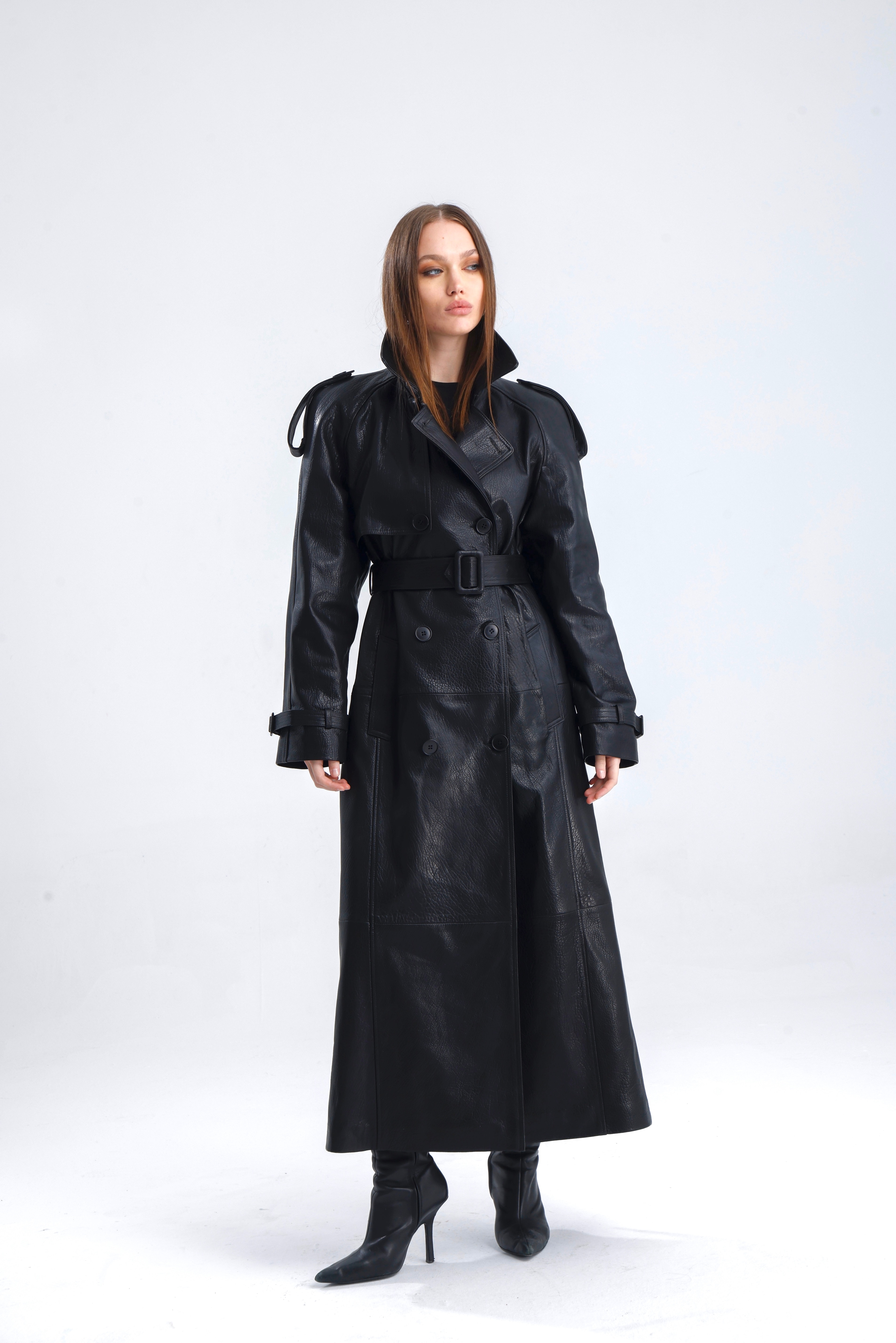 Bond Black Leather Trench Coat