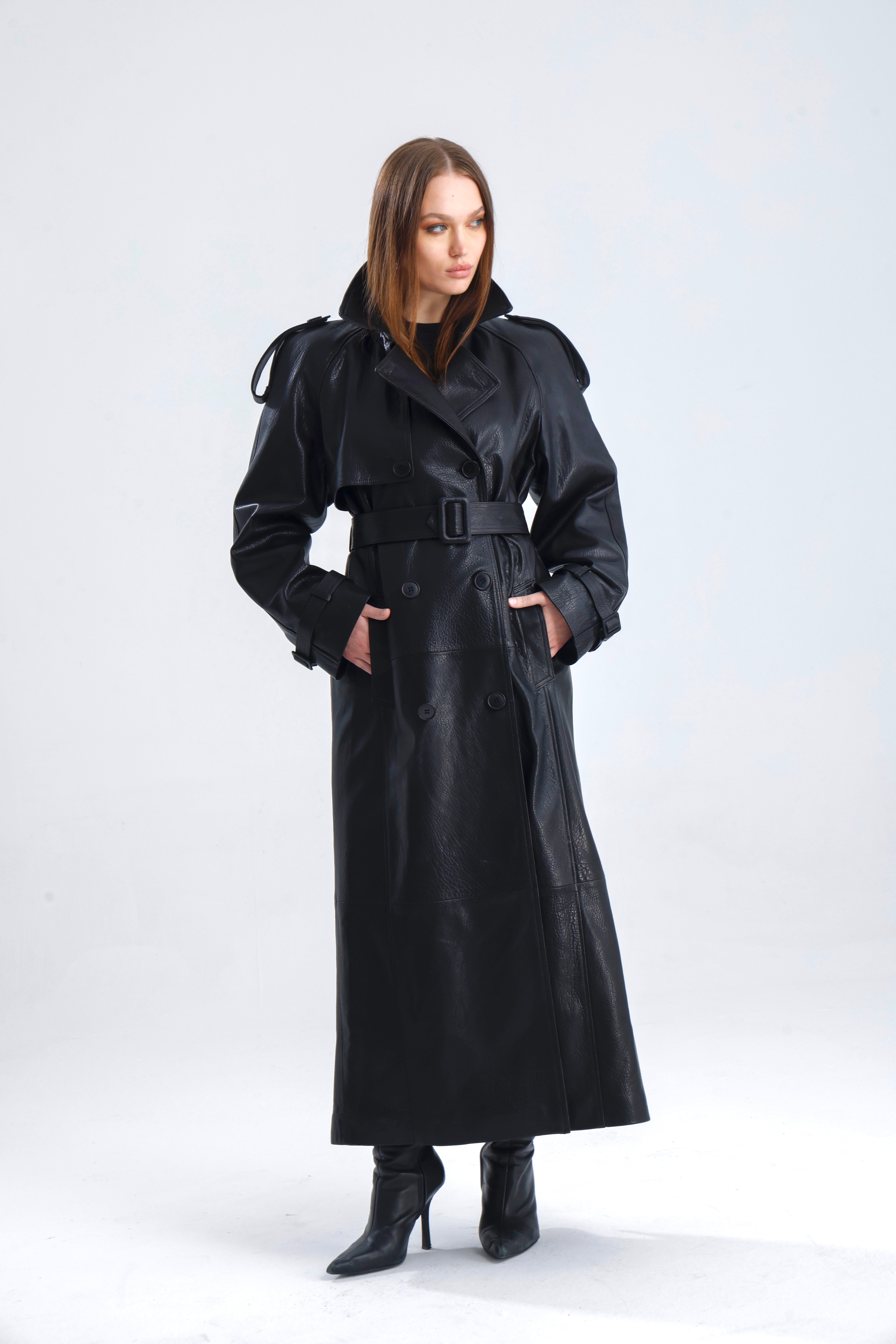 Bond Black Leather Trench Coat