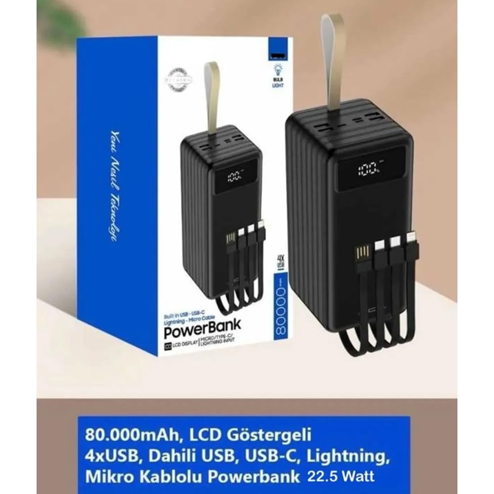 The Wlue Taşınabilir Powerbank, 80000 mAh Kapasite, 22.5W Hızlı Şarj, Dijital Göstergeli, Kamp Şarj Cihazı
