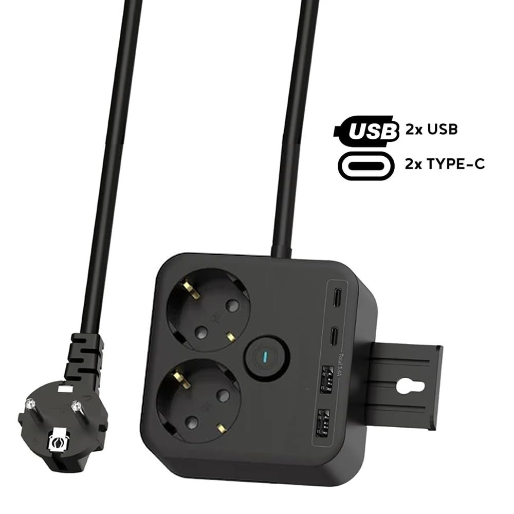 The Wlue 3680W 2'li Akım Korumalı Priz Uzatma Kablosu, 2 USB ve 2 Type-C Giriş, 1.4 Metre, Anahtarlı