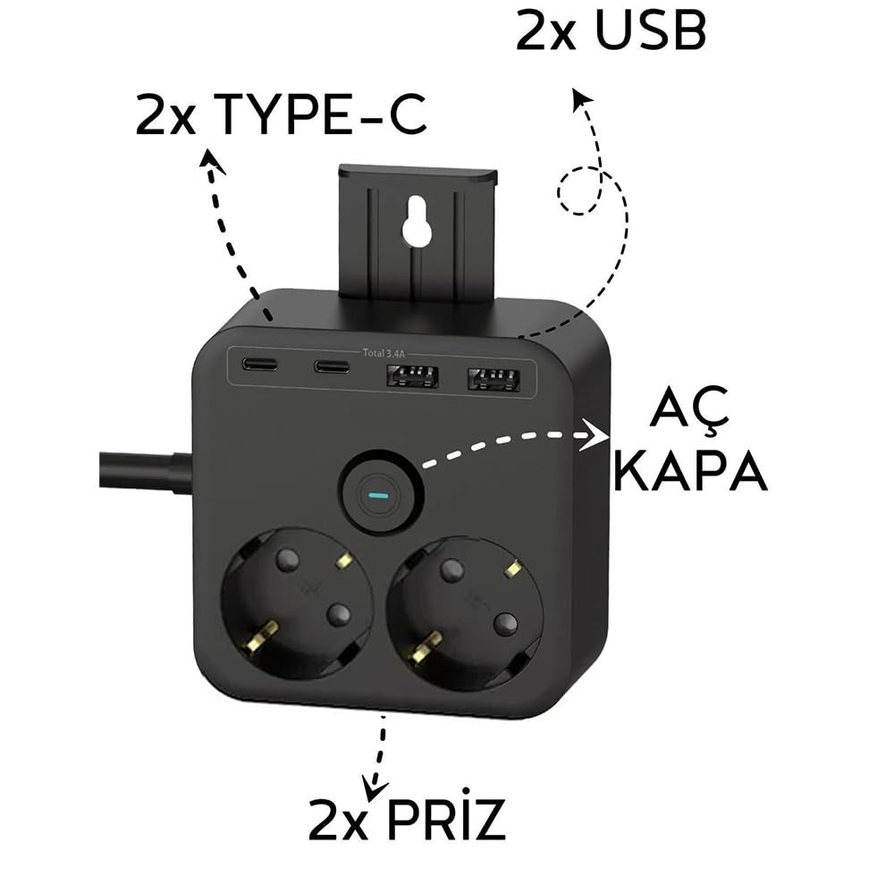 The Wlue 3680W 2'li Akım Korumalı Priz Uzatma Kablosu, 2 USB ve 2 Type-C Giriş, 1.4 Metre, Anahtarlı