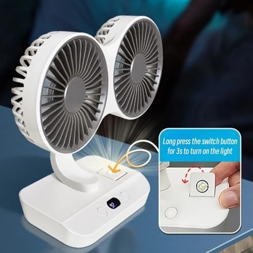 The Wlue Çift Fanlı Masa Üstü Vantilatör, 3 Hız Ayarlı, LED Işıklı, Type-C Şarj, Otomatik Salınım, Beyaz