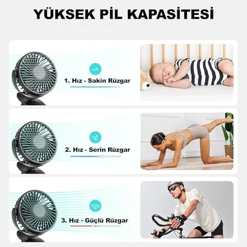 The Wlue Şarjlı Mini Vantilatör/Klipsli 360 Derece Dönebilen Portatif Fan Soğutucu / 3 Kademeli