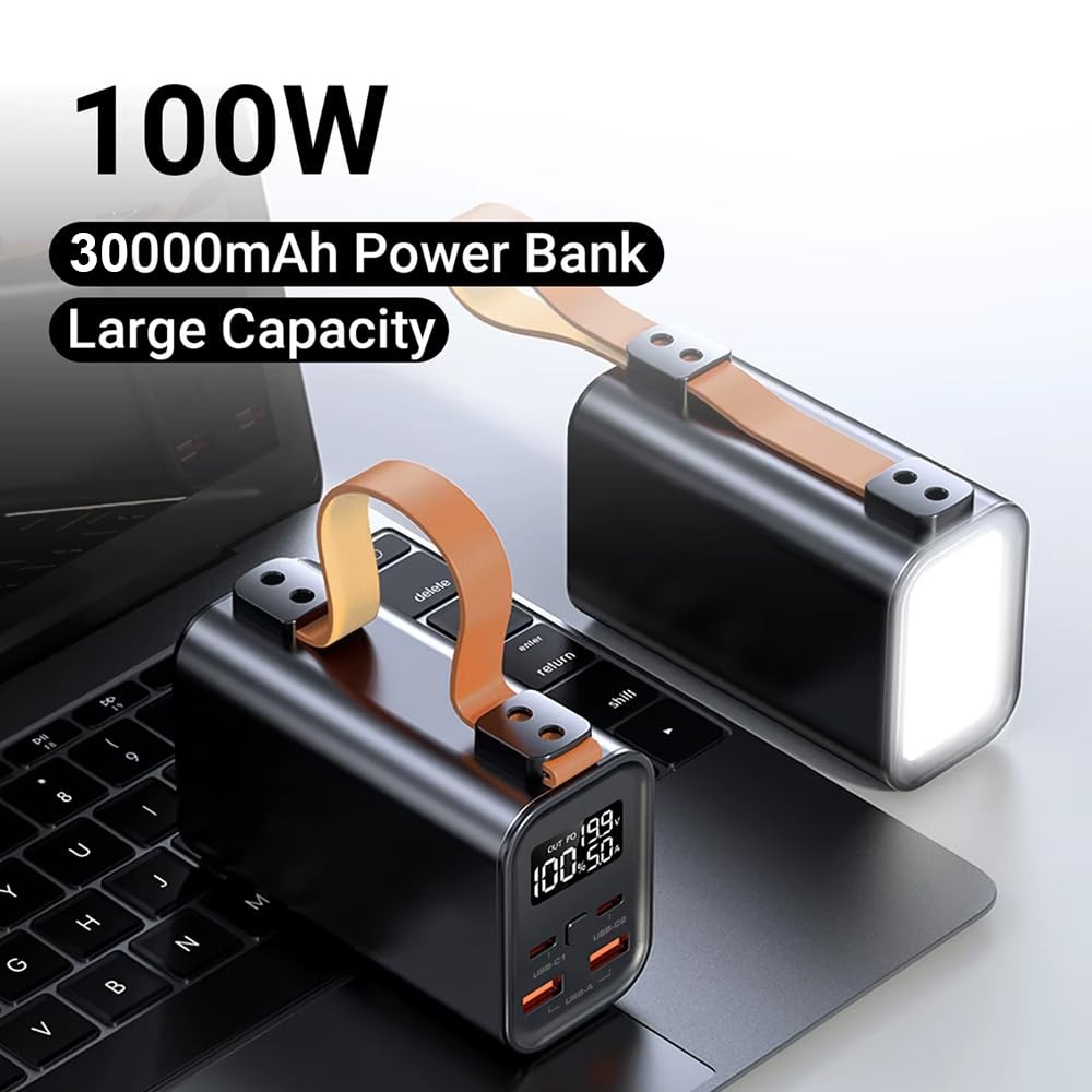 The Wlue 30000 mAh 100W PD Hızlı Şarj Powerbank, Fenerli, 2 Port USB A, 2 Port Type-C Çıkış