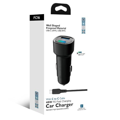 The Wlue 48W PD Araç içi Çakmaklık Hızlı Şarj Aleti 1x Type-c 30W PD 1x Usb3.0 18W (KABLO DAHİLDİR)