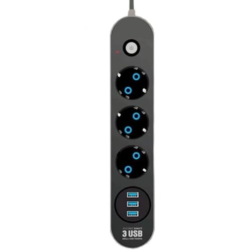 The Wlue Çoklu 3'lü Priz, 3xUSB Çıkışlı, 10A, 2500 Watt, 2 Metre Uzatma Kablosu, Anahtarlı, Çocuk Korumalı, Siyah