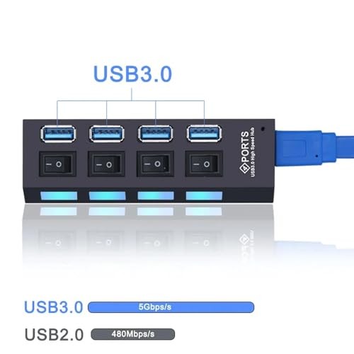 The Wlue USB 3.0 Çoklayıcı Hub, 4 Port, Anahtarlı ve LED Işıklı, 50 cm Kablo