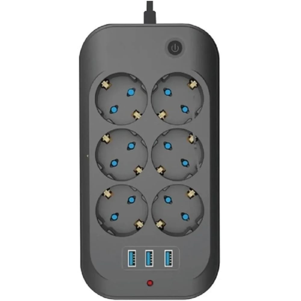 The Wlue Çoklu Priz, 6'lı, 3 USB Port 3.4A, 2500W, 2M Kablo, Akım ve Çocuk Korumalı, Anahtarlı, Siyah