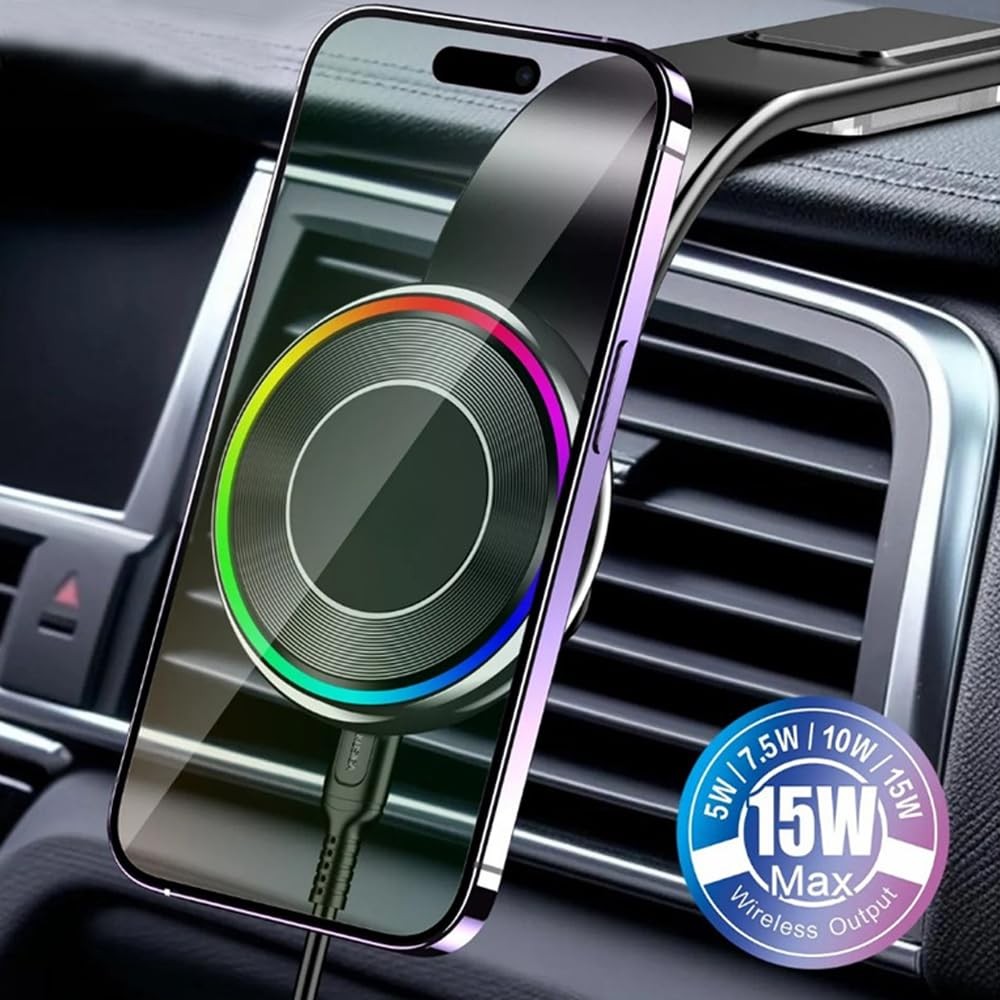 The Wlue 15W Manyetik Araç içi Telefon Tutucu, RGB Işıklı, Kablosuz Şarj, MagSafe Uyumlu, Torpido Üstü