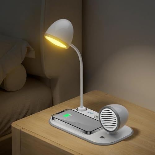 3'ü 1 Arada LED Masa Lambası, 15W Kablosuz Hızlı Telefon Şarj Standı, Bluetooth Hoparlör