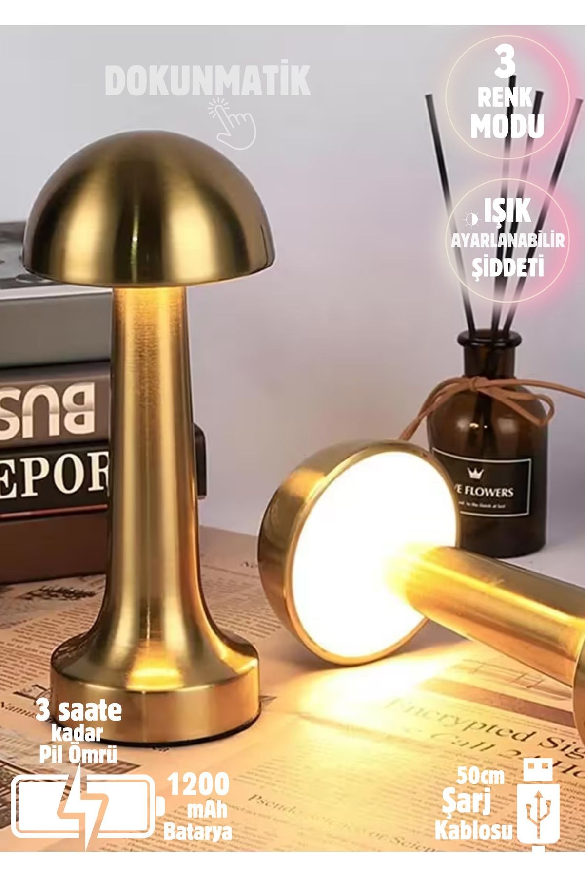 Lizbon 3 Işık Renkli Şarjlı Dim Edilebilir Metal Masa Lambası Ct-8429 Gold Markadır.