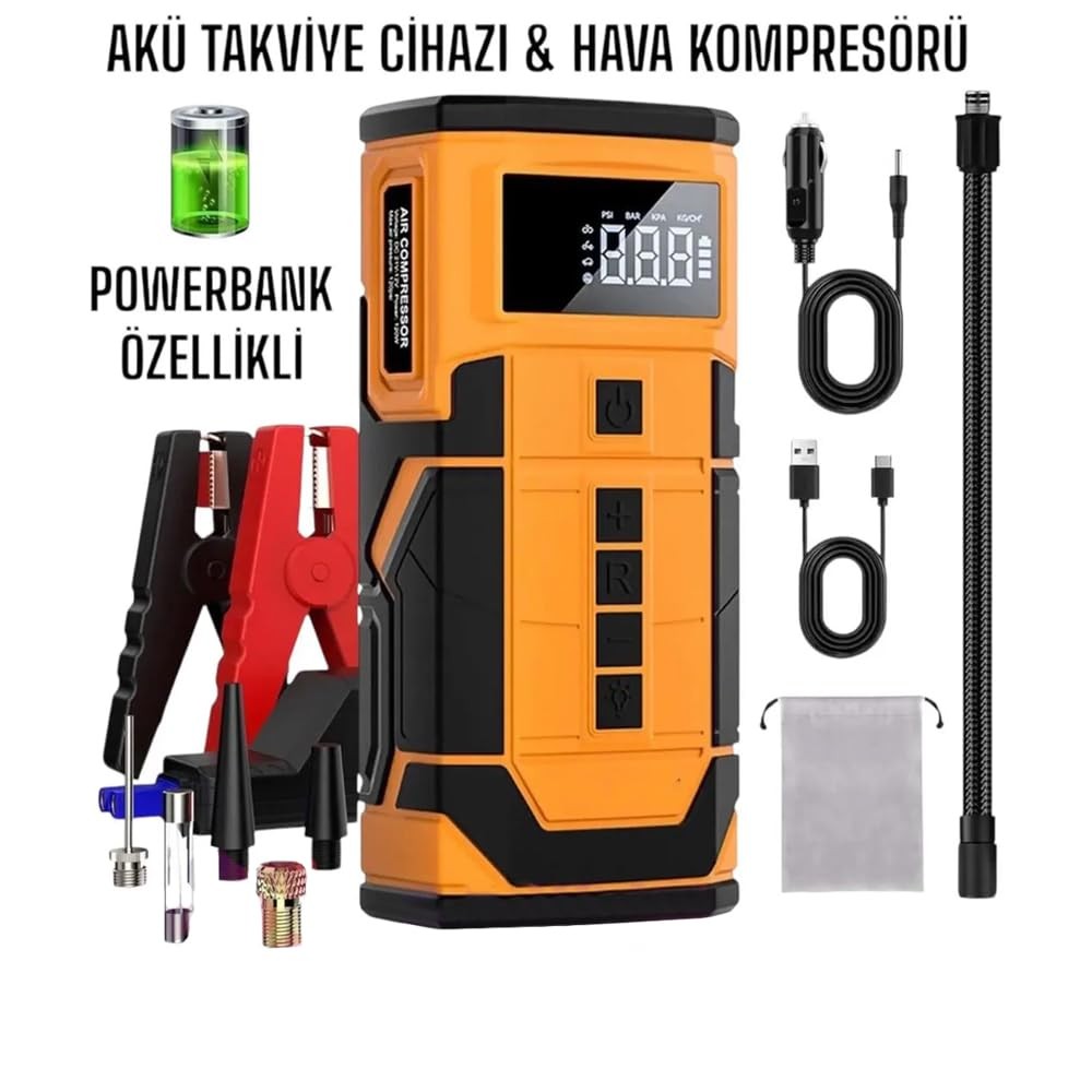 Kablosuz Şarjlı Taşınabilir Araç Akü Start 8000 mAh 14.8V Powerbank Destekli Oto Hava Kompresörü