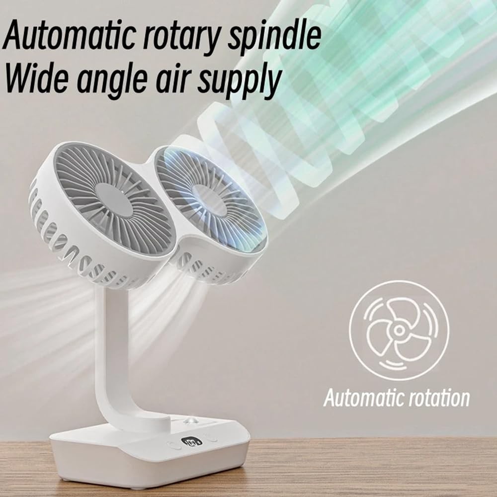 The Wlue Çift Fanlı Masa Üstü Vantilatör, 3 Hız Ayarlı, LED Işıklı, Type-C Şarj, Otomatik Salınım, Beyaz