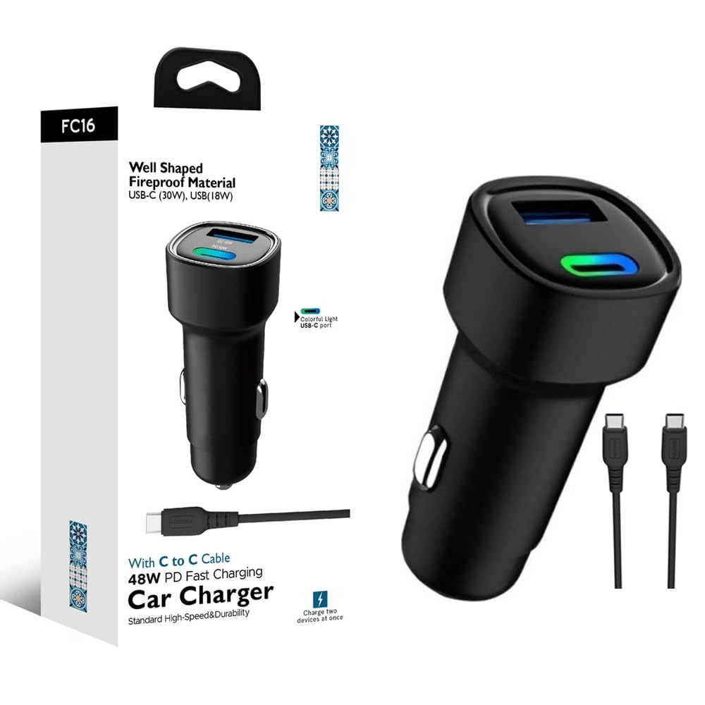 The Wlue 48W PD Araç içi Çakmaklık Hızlı Şarj Aleti 1x Type-c 30W PD 1x Usb3.0 18W (KABLO DAHİLDİR)