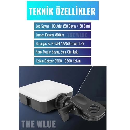 The Wlue 100 LED Selfie Video Kamera Işığı, Tripod Uyumlu, 3500-6500 Kelvin, Şarjlı, Mandallı, Dimmer Ayarlı