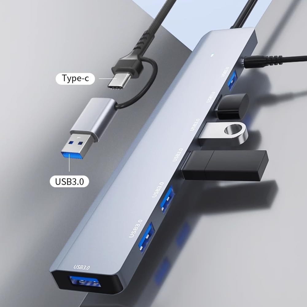 The Wlue 7in1 Type-C/USB to USB Çoklayıcı 7 Port USB3.0 HUB Power Güç Destekli 5Gbps High Speed