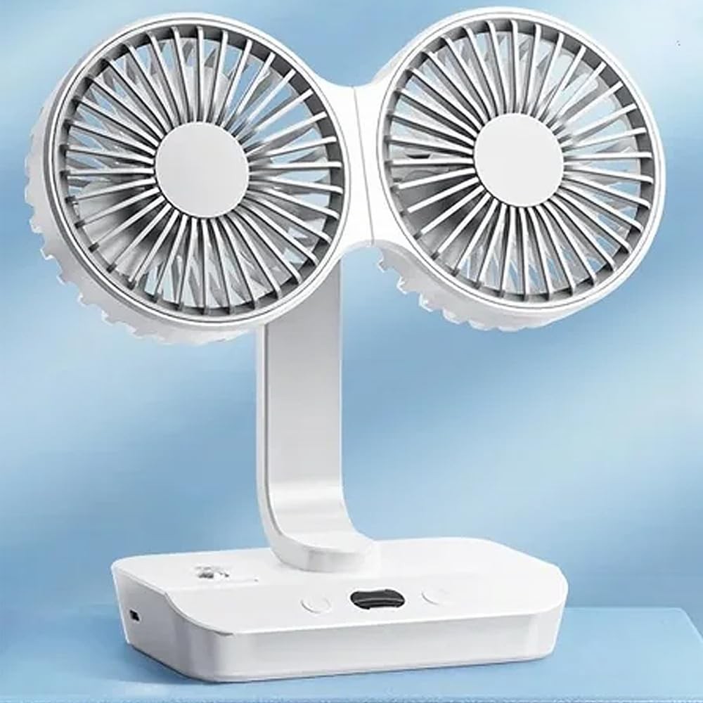 The Wlue Çift Fanlı Masa Üstü Vantilatör, 3 Hız Ayarlı, LED Işıklı, Type-C Şarj, Otomatik Salınım, Beyaz