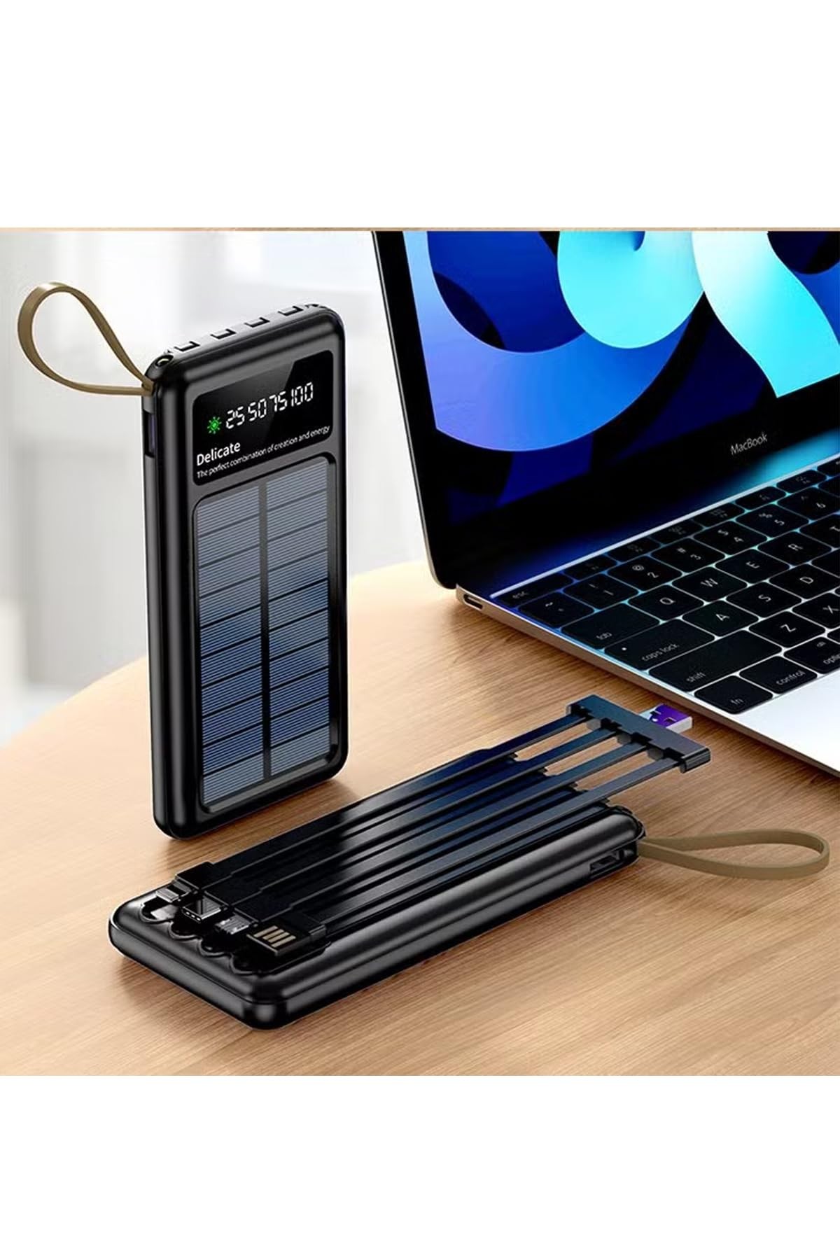 The Wlue Solar Powerbank, 10000 mAh Kapasiteli, LED Işıklı, Dijital Ekranlı