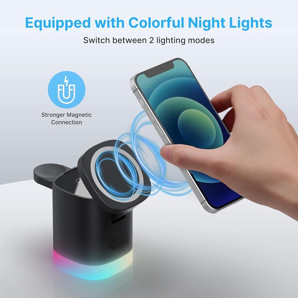 The Wlue 3'ü 1 Arada MagSafe Uyumlu RGB Kablosuz Şarj Standı, 15W, iPhone Android Telefon, Apple Watch ve Kulaklık için Şarj İstasyonu