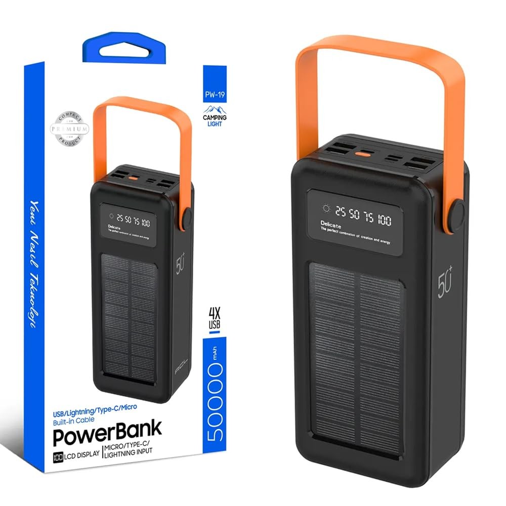 The Wlue Solar Powerbank, 50000 mAh, LCD Ekranlı, Işıklı, Hızlı Şarj, Kamp için