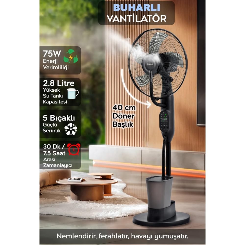 The Wlue Uzaktan Kumandalı Buharlı Vantilatör, 3 Hız Seçeneği, 3L Su Haznesi, 75W, 75° Salınım, Siyah