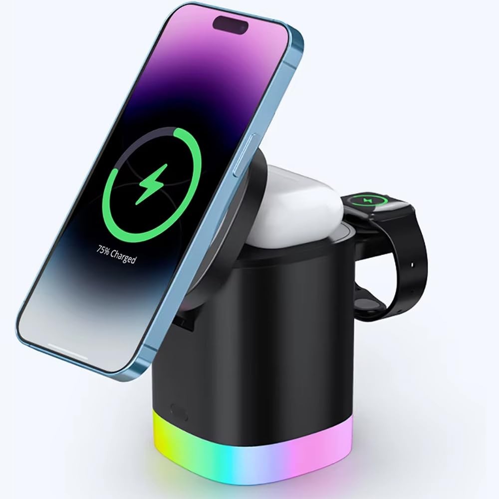 The Wlue 3'ü 1 Arada MagSafe Uyumlu RGB Kablosuz Şarj Standı, 15W, iPhone Android Telefon, Apple Watch ve Kulaklık için Şarj İstasyonu