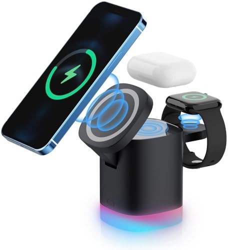 The Wlue 3'ü 1 Arada MagSafe Uyumlu RGB Kablosuz Şarj Standı, 15W, iPhone Android Telefon, Apple Watch ve Kulaklık için Şarj İstasyonu