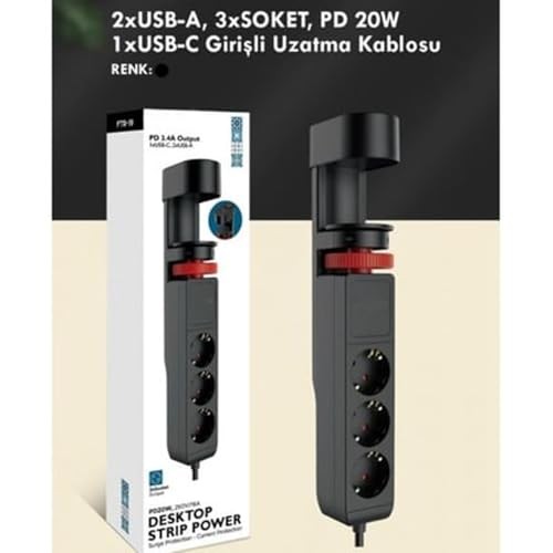 The Wlue 3'lü Akım Korumalı Priz Çoğaltıcı, 20W, 2 USB, 1 Type-C, 2 Metre Kablo, Ofis/Bilgisayar Masası için